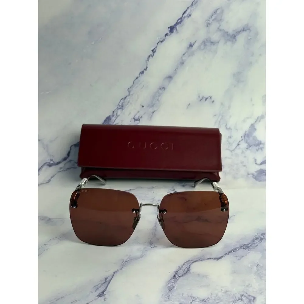 NEW Gucci GG1923SA Silver Red Square Pearl Sunglasses